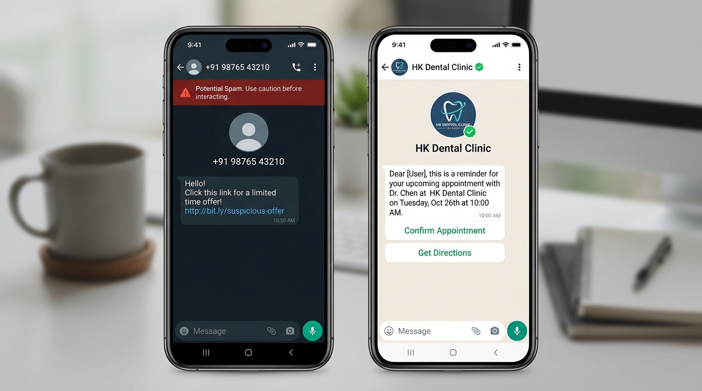 Side-by-side realistic visual comparison of an unauthorised spam WhatsApp message with a warning banner versus an official Meta-authorised verified HK Dental Clinic WhatsApp message with green checkmark and quick-action buttons